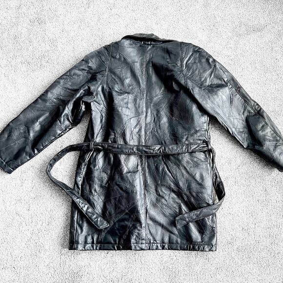 Vintage 80s 90s Italian Stone Design Genuine Leather Patchwork Trench Coat - Picture 2 of 16